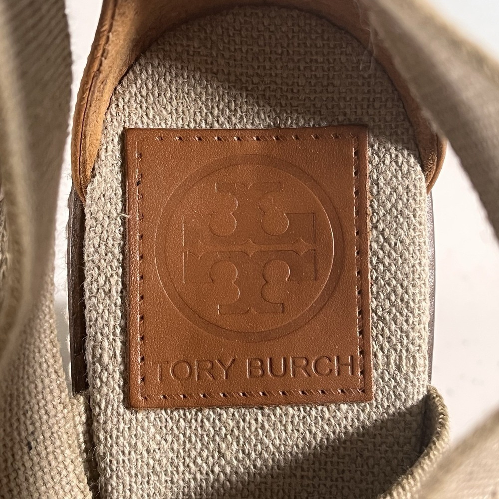 Tory Burch Sandals Womens 9.5 Khaki Frieda Stripe Platform Espadrille Wedge Heel - Picture 8 of 11